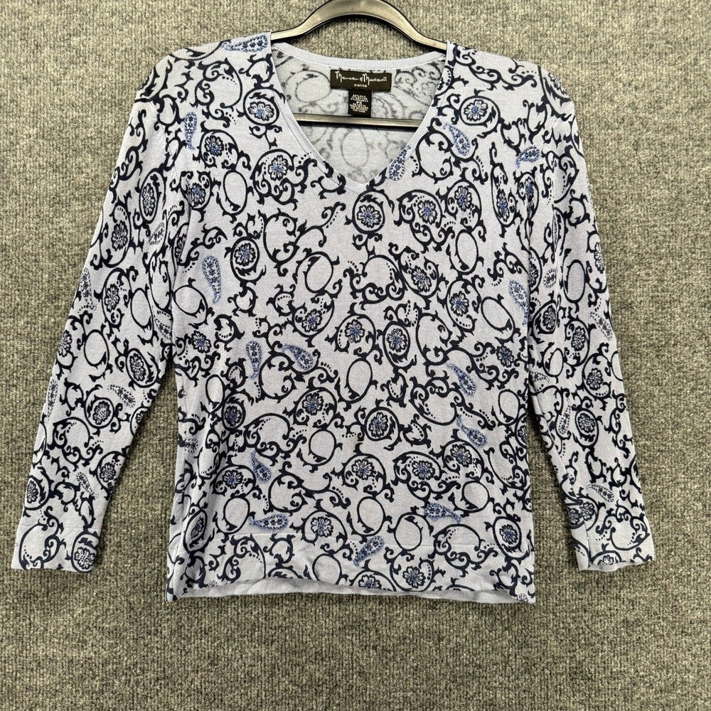 Mercer Madison Sweater Womens PS Blue Silk Blend Floral V-Neck Grannycore Fairy‎